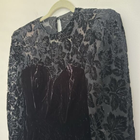 VTG Algo Boutique Velvet Peplum Blouse Sheer Floral Sleeves Sweetheart Size 9 - Picture 4 of 13